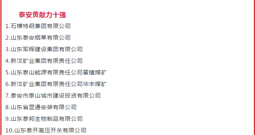 公司榮登“泰安貢獻力十強”