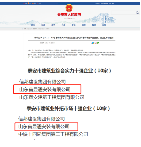 公司榮獲“泰安市建筑業(yè)綜合實(shí)力十強(qiáng)企業(yè)”、“泰安市建筑業(yè)外拓市場(chǎng)十強(qiáng)企業(yè)”稱(chēng)號(hào)
